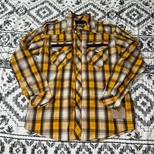 Red Ape Pearl Snap Yellow Plaid‎ Button Up Shirt Mens Size M Zip Pockets